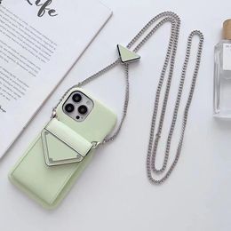 Designer Phone Case for Apple iPhone 15 Pro Max 14 Luxury Solid PU Leather Chains Crossbody Shoulder Strap Necklace Lanyard Card Pocket Holder Back Cover Coque Green