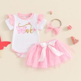 Clothing Sets 3 Piece Born Baby Girls Set Summer Short Sleeve Butterfly Letter Print Romper Bow Mesh Skirt Hairband Kids Outfits