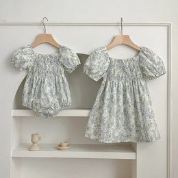 Kids Baby Girls Clothes Summer Floral Puff Sleeve Princess Girl Dress Short Romper Family Matching Sister Outfit 240515