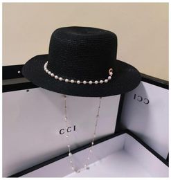 Wide Brim Hats 2021 Sun Hat For Women Straw Flat Top Pearl Chain Fedoras Ladys Summer Cap Visors Elegant Vintage9770079