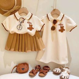 New Summer Korea Kids Clothes for Cute Bear T-shirt + Pleated Skirt 2 Piece Suit Baby Girls Strawberry Polo Dress L2405