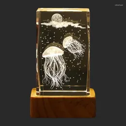 Decorative Figurines LED Crystal Nightlight Rectangular Ocean Animal Lamp With Wooden Stand Novelty Desktop Glowing Ornament For Bedroom