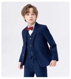 Suits Boys Navy Blue Suit For Wedding Teenager Kids Formal Ceremony Tuxedo Dress Children Photograph Blazer Party Performance Costume Y240516