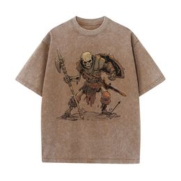 Skeleton Warrior Graphic T-shirts Dark Dungeon Style Printed Oversized T-shirt Vintage Distressed Cotton Mens Tops 240516