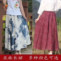 Skirts Bohemian Maxi For Women Cotton And Linen Elastic Waist Printed A-line Skirt Loose Pleated Long Female Streetwear