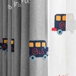 Window Treatments# Cute Cartoon Car Embroidery Childrens Curtains For Boys Room Girls Room Grey Cotton and Linen 80% Blackout Curtains Custom Y240517