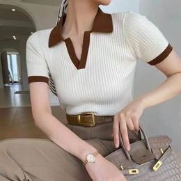 Vintage Knitted T-shirt Womens Polo Shirts Y2k Tops Short Sleeves Slim Korean Fashion Plus Size Luxury Designer Wear 240516
