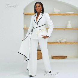 Tesco Spring Patchwork Women's Suit 2 Piece Lace-up Blazer Fashion Wide Leg Pants Formal Pantsuit For Wedding Party New Outfits