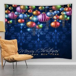Tapestries Colourful Christmas Balls Year Decor Vintage Blue Background Winter Holidays Country Farmhouse Wall Hanging