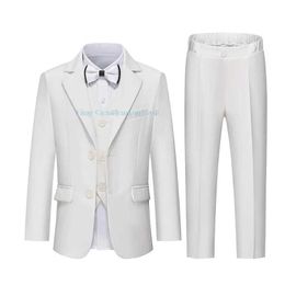 Suits Boys Formal White Dress Suit Set Children Wedding Birthday Party Photography Costume Kids Blazer Vest Pants Bowtie Outfit Y240516