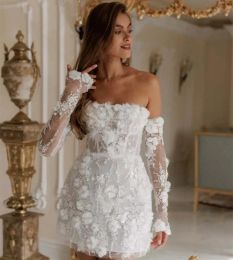 Dresses 3D Floral Appliques Short Wedding Dresses Strapless Sheath Corset Bridal Gown With Detachable Long Sleeves LaceUp Mini Flowers Re