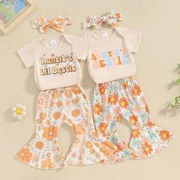Clothing Sets Baby Girl Summer Outfits Letter Print Short Sleeve Rompers Flroal Flare Pants Headband 3Pcs Clothes Set