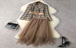 2021 Autumn Winter Long Sleeve NotchedLapel Khaki Blue Plaid Belted Blazers Coat Tulle Asymmetry Skirt Two Piece Suits 2 Pieces4673765948