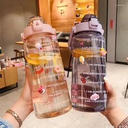 Water Bottles 2L Bottle With Straw Girls Large Portable Travel Sports Fitness Cup Summer Cold Waters Time Scale Bottl