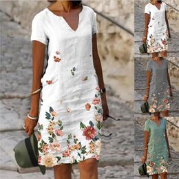 Casual Dresses Women Summer Dress Flower Print Cotton Linen Short Sleeve V-neck Mini Vestidos BKL1507