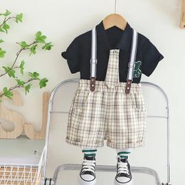 Clothing Sets Kids Summer 2024 Korean Fashion Turn Down Collar Chequered Tie Short Sleeve Shirts And Shorts Boys Boutique