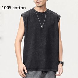 100% Cotton Male Casual Vest Vintage Wash Made Old Mens Sports Fitness Sweat Absorption Sleeveless Tee Tank Top 240515