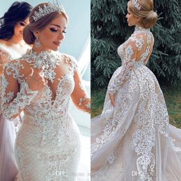 Luxurious 2020 African Mermaid Wedding Dresses With Detachable Train High Neck Lace Bridal Dress Long Sleeves Plus Size Wedding Gowns 278G