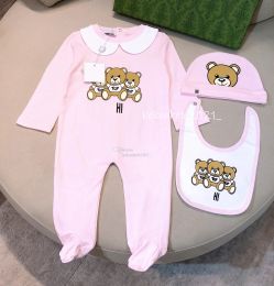 Rompers 3pcs/set Newborn Baby Girl Romper Cotton Clothes Print Cute Cartoon Bear New Born Baby Girls Jumpsuits Hat Bibs Outfit