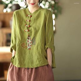 Women's Polos Ethnic Style Large Size Cotton And Linen Shirt Spring Summer Chinese Knot Button Top Artistic Embroidered Loose