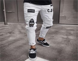3 Styles Men Stretchy Ripped Skinny Biker Embroidery Print Jeans Destroyed Hole Taped Slim Fit Denim Scratched High Quality Jean4557222