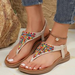 Casual Shoes Bohemian Style Flat Sandals Women Elastic Strap Clip Toe Gladiator Sandalias Woman Summer String Bead Non Slip Beach Sandles