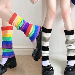 Women Socks Korean Student Knit Crochet Ribbed Rainbow Striped Boot Cuffs Cover Chunky Loose Warm Calf