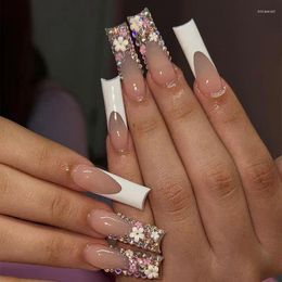 False Nails 24pcs/box French Style White Edge European And American Wear Flower Colour Diamond Extra Long Fake