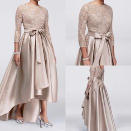 Mother Off Bride Groom Dresses Champagne Lace Applique Sequins Top 3 4 Long Sleeves Satin High Low Sashes Evening Gowns 253W