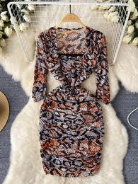 Party Dresses SsTss Women Elegant Vintage Floral Print Bodycon Dress Spring Summer Sexy Square Neck Half Sleeve Ruched Knee Length