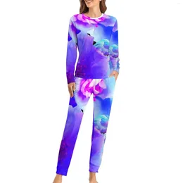 Women's Sleepwear Bluetiful Floral Print Pajamas Blossom Bloom Cute Pajama Sets Lady Long Sleeve Casual Loose 4XL 5XL 6XL