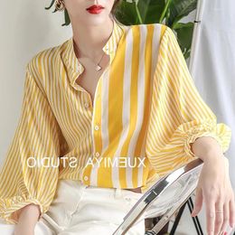 Women's Blouses Western Style Contrasting Striped Shirt Niche Versatile Slim Fit Stand Up Collar Top Summer 2024