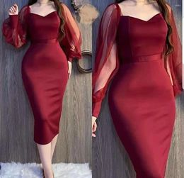 Party Dresses Elegant Long Sleeve Mermaid Short Evening Burgundy Length Zipper V-Neck Abendkleider Formal Dress For Women