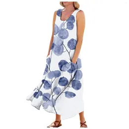 Casual Dresses Fashion Summer Comfortable Flower Print Sleeveless Cotton With Pocket Beach Dress For Women Vestidos Para Mujer