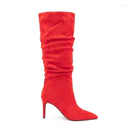 Boots Strech Suede Thigh High Women Slip On Pumps Motorcycle Shoes Point Toe Heels Botas Mujer Chaussure Femme