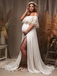 Women's Off Shoulder Dress Short Ruffle Sleeves Party Dresses Side Split Front Beach Maxi Maternity Photography Gown