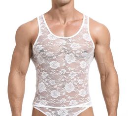Sexy Lace Mens Tank Tops Transparent Mesh Singlet Shirts Gay Exotic Home Lounge Sleep Wear Undershirt Summer Vest6203564