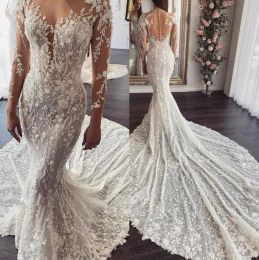 Dresses New Dubai African Long Sleeves Mermaid Chapel Train Wedding Gowns Illusion Skin Tulle Lace Appliques Beaded Bridal Dresses Robe De