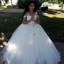 New Cheap Puffy Flower Girl Dresses For Weddings Lace Applique Beads Sleeveless Tulle Girls Pageant Dress Kids Baby Children Communion 279j