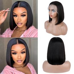 BOB WIG in pizzo Ex-brasiliano Burmese Capelli Burmesi parrucca per donne nere pre-tirate corta naturale 13x4 sintetica dritta dritta hd parrucca anteriore completa chiusa