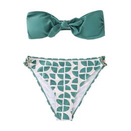 New European and American Fashion Swimsuit Split Bikini Set for Women's Swimwear Green Floral Tiered Sexy Bikini Set