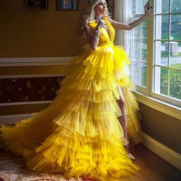 Fashion Yellow High Low Side Split Prom Dresses Deep V Neck Backless Ruffles Tier Tulle Skirt Pageant Dress Sweep Train Evening Party G 2592