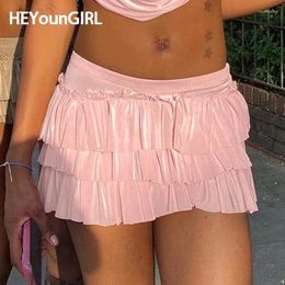 Skirts HEYounGIRL Women Pink Back Bow Layered Skirt High Street Cute Sexy Low Waist Mini With Shorts Under Y2K Sweet Clubwear