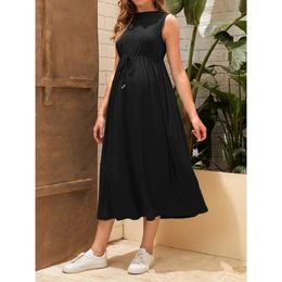 Women's Casual Maternity Sleeveless Swing Solid Dress Pregnancy Clothes Knee Length with Belt