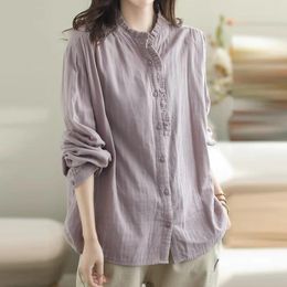 Women's T Shirts Women Fashion Casual Spring And Summer Cotton Linen Long Sleeve Patchwork Clothes With Wooden Ear Womens Button Down