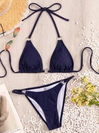 Women's Swimwear Women 2 Piece Swimsuits Solid Colour Denim Backless Halter Bikini Bra And Thong Sets For Summer Beachwear Bathing Suit