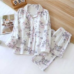 Sleep Lounge Fresh floral bra pajama set for women 100% double height pleated cotton spring simple and sweet long sleeved pajamas d240516