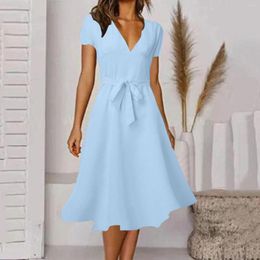 Casual Dresses Women Elegant V Neck Dress Knee Length Solid Colour Short Sleeve Lace-Up Summer Sexy Clothing