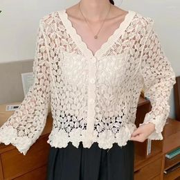 Women's Knits Womens Crochet Top With Long Sleeve Button Front Flower Embroidery White Hollow-out Open-knit Cardigan Summer Beach Wear