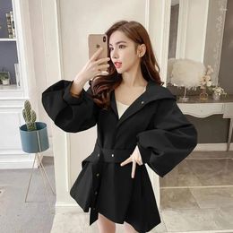 Women's Trench Coats Spring Autumn Hooded High-End Female Coat 2024 Lantern Sleeves Casual Ladies Windbereaker Outerwear